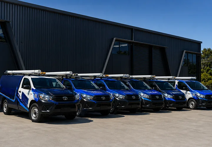 Our plumbing vans lined up before a Dean Park shift