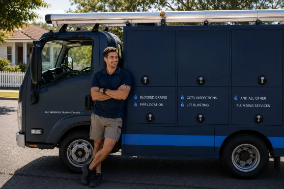 Plumber standing beside a service van in Dean Park