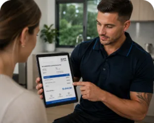 Plumber showing a Dean Park customer the quote on a tablet