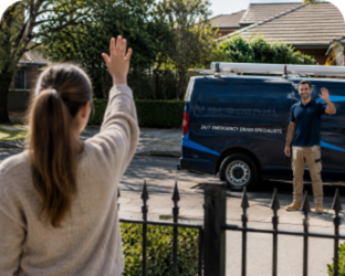 Customer waving goodbye to a Dean Park Blocked Drains plumber